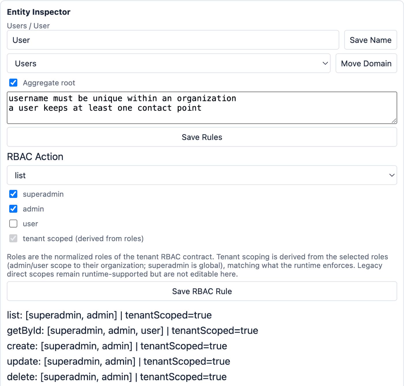 Entity Inspector: o nome da entidade, a flag de raiz de agregado, as invariantes e a matriz RBAC