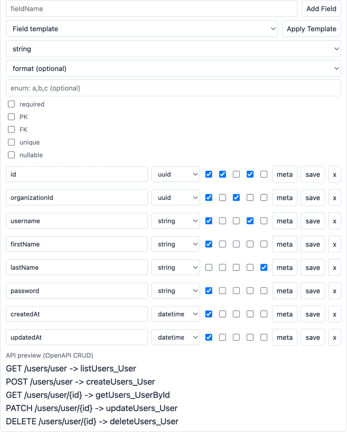 Entity Inspector: o editor de campos e o preview de CRUD OpenAPI gerado