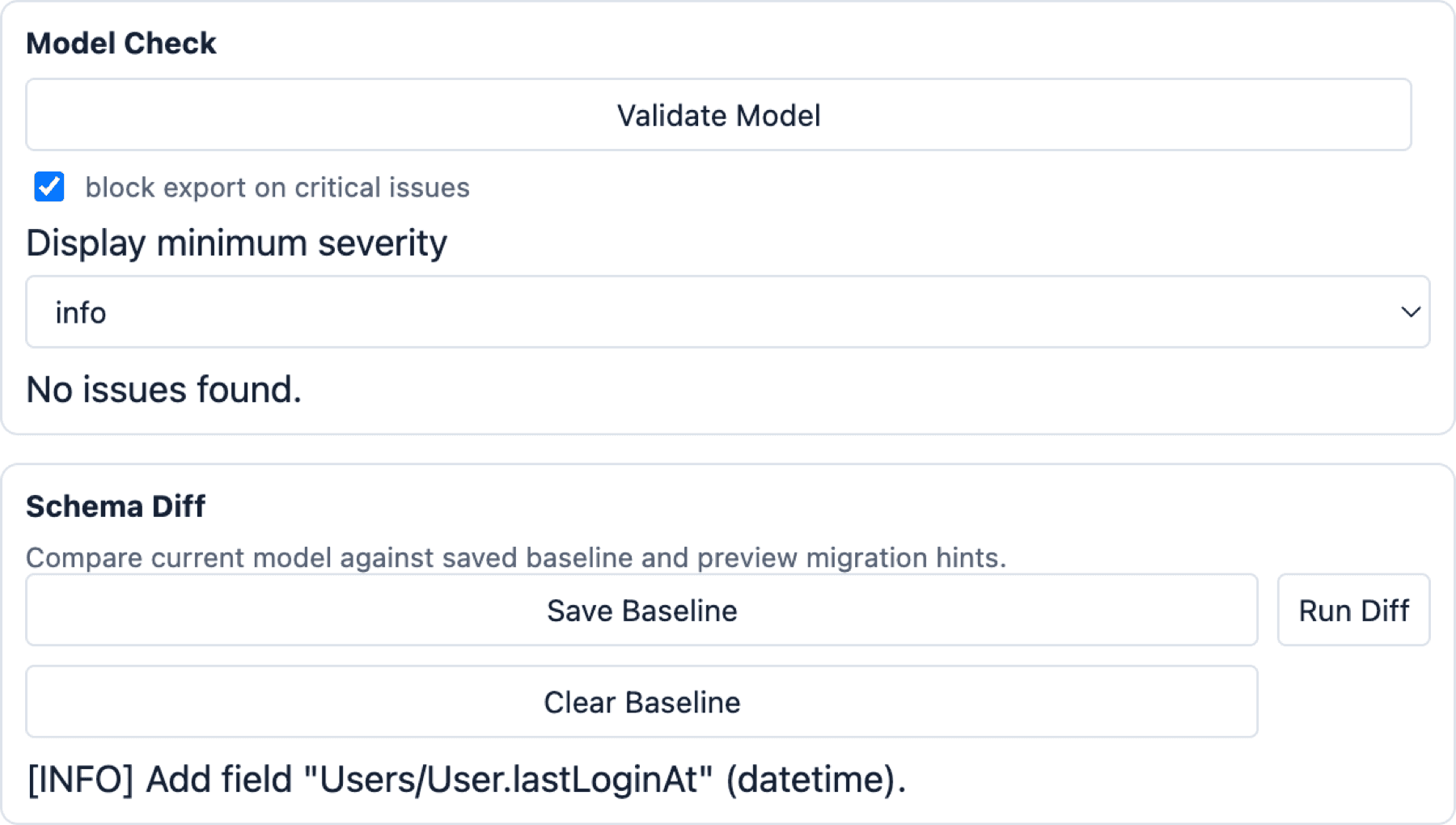 Model Check sem problemas e Schema Diff reportando um campo adicionado em relação ao baseline salvo