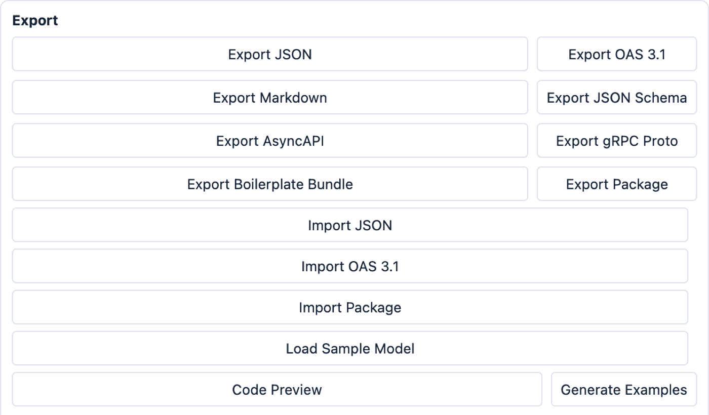 Painel Export: os botões de exportação, importação e geração