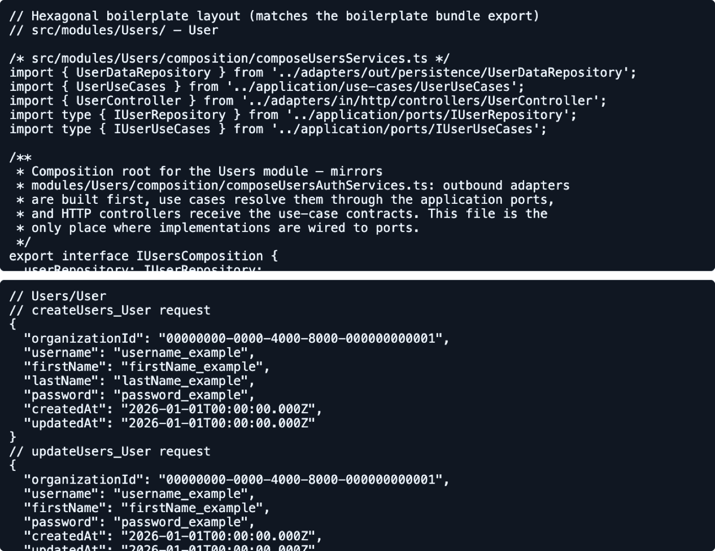 Os esqueletos de código gerados e os exemplos de request e response