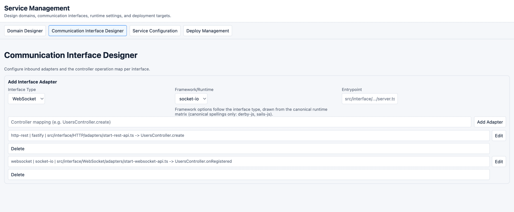 Communication Interface Designer com um adaptador REST e um WebSocket registrados