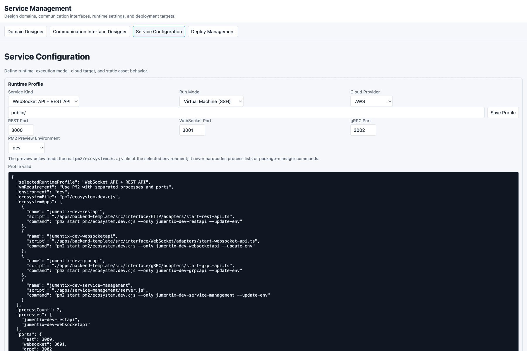 Service Configuration com o preview do perfil de runtime, o preview do ecossistema PM2 e o editor de ambiente carregado de .env.dev