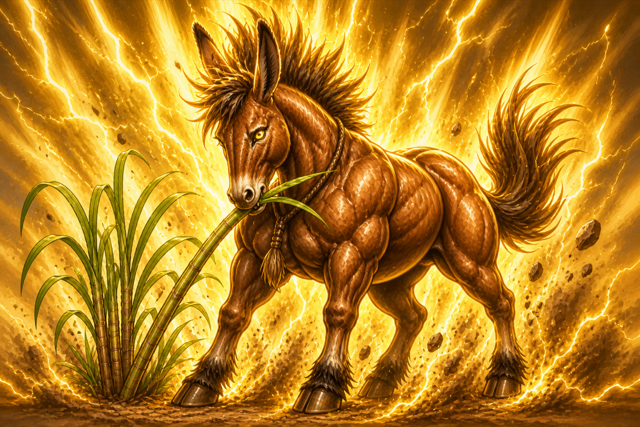 Jumentix mascot eating a sugarcane plant
